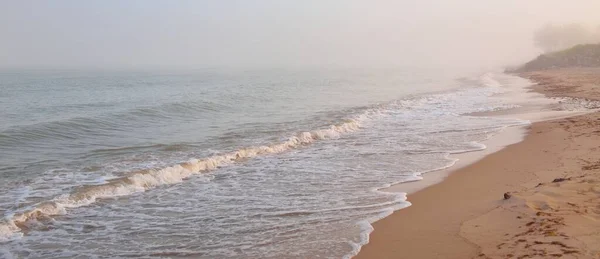 Panoramic view of the Baltic sea shore in a fog at sunrise. Beach, sand dunes. Soft sunlight. Idyllic summer seascape. Nature, environment, vacations, ecotourism, walking and exploring concepts
