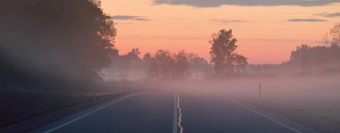 Boş bir otoyol (yeni asfalt yol) gün batımında sisli bir havada tarlalar ve ormanlar arasında. Yumuşak güneş ışığı. Kırsal alan. Uzak yerler, köy, yol gezisi, turizm, rota, lojistik, özgürlük kavramları