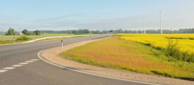 Gün doğumunda çiçek açan kolza tohumu tarlasında ve ormanda otoyol. Rüzgar türbini jeneratörleri (çiftlik). Ulaşım, eko-turizm, ekoloji, yenilenebilir enerji, teknoloji, altyapı, doğada güç