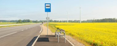 Otobüs durağı ve karayolu (yeni asfalt yolu) yeşil orman çayırı boyunca ve güneş doğarken açan sarı kolza tohumu tarlasında. Sis, yumuşak güneş ışığı. Ulaşım, uzak yerler, tatiller