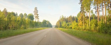 Gündoğumunda tarla ve ormanın içinden (asfalt yol) geçer. Yumuşak güneş ışığı, parlayan bulutlar. Tatiller, lojistik, ücra yerler. Arabadan bak.
