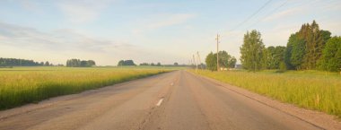 Gündoğumunda tarla ve ormanın içinden (asfalt yol) geçer. Yumuşak güneş ışığı, parlayan bulutlar. Tatiller, lojistik, ücra yerler. Arabadan bak.