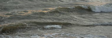Fırtınadan sonra Baltık kıyıları. Gün batımı, yumuşak güneş ışığı. Su yüzeyi dokusu, çarpan dalgalar ve sıçramalar, köpük. Resimli panoramik manzara, arka plan. Doğa, çevre, ekoloji kavramları