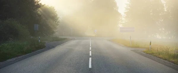 Een Lege Snelweg Asfaltweg Door Velden Het Bos Een Mist — Stockfoto