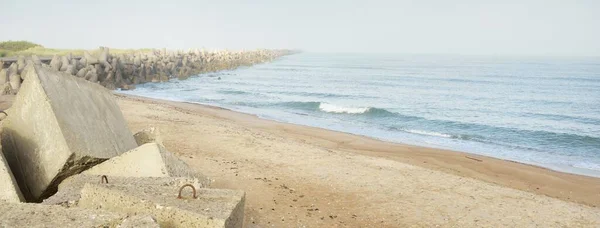 Panoramautsikt Över Östersjöns Strand Dimma Vid Soluppgången Stranden Sanddyner Vågbrytare — Stockfoto