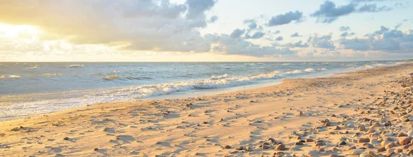 Baltic sea shore (sand dunes, beach) after the storm. Sunset, soft golden sunlight, glowing clouds. Picturesque panoramic scenery. Nature, environment, ecology, ecotourism, hiking, exploring concepts