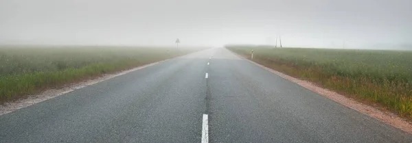 Пустое Шоссе Асфальтовая Дорога Через Поля Лес Густом Тумане Восходе — стоковое фото
