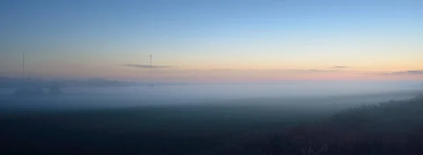 Champ Champêtre Pelouse Forestière Prairie Dans Brouillard Coucher Soleil Lever — Photo