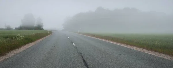 日出时分 在浓雾中穿过田野和森林的一条空旷的公路 沥青路 大气景观 田园诗般的夏季乡村风景 变化无常的天气 危险的驾驶 公路旅行 — 图库照片