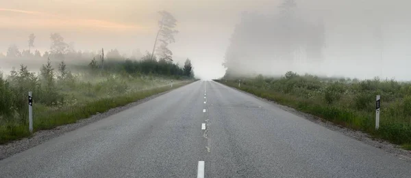 Empty Highway Asphalt Road Fields Forest Thick Fog Sunrise Atmospheric — Stock Photo, Image