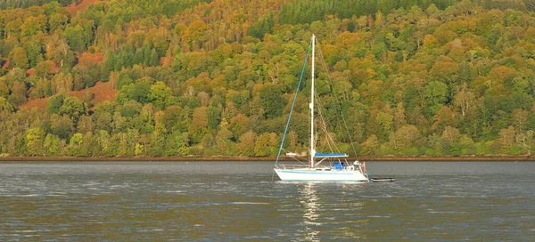 Segelbåt Ankrad Sjön Majestätiska Skogskullar Skottland Förenade Kungariket Atmosfäriskt Landskap — Stockfoto