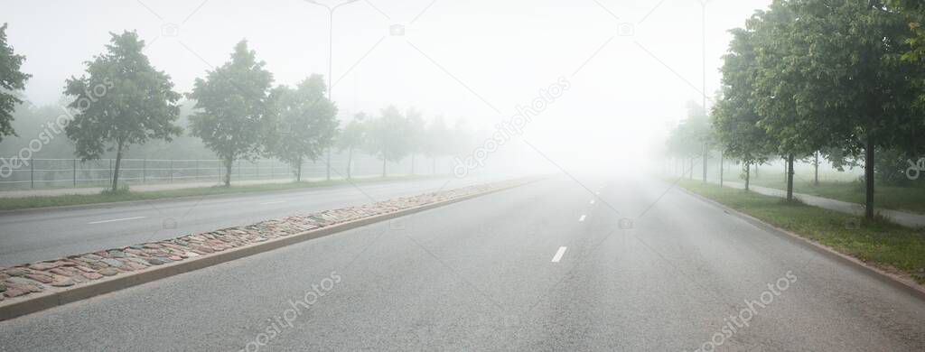 Divided new asphalt road (highway) in a fog. Cobblestone pedestrian walkway and alley of young green trees. Street lanterns, traffic lights. Cityscape. Landscaping, dangerous driving, safety concepts