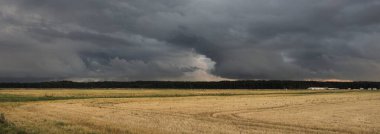 Dramatik gökyüzü, zirai tarlaların ve ormanların üzerindeki kara bulutlar. Kırsal alan. Atmosferik manzara. Sonbaharın başında. Doğa, kararsız hava, ekoloji, çevre, tarım endüstrisi, uzak yerler