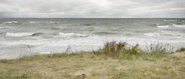 Fırtınadan sonra Baltık kıyısı (plaj). Kum tepeleri, kum tepeleri. Dramatik gökyüzü, dalgalar ve su sıçramaları. Doğa, ekoloji, kararsız hava, iklim değişikliği, eko-turizm, yürüyüş kavramları