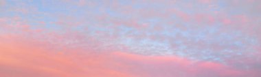 Parlayan pembe, altın rengi sirrus ve kümülüs bulutlarıyla açık mavi gökyüzü. Gün doğumu. Dramatik bulut manzarası. Sanat, meteoroloji, cennet, umut, barış, grafik kaynakları, resimli panoramik manzara