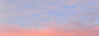 Parlayan pembe, altın rengi sirrus ve kümülüs bulutlarıyla açık mavi gökyüzü. Gün doğumu. Dramatik bulut manzarası. Sanat, meteoroloji, cennet, umut, barış, grafik kaynakları, resimli panoramik manzara