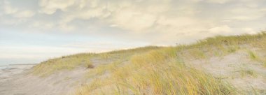 Gün batımında Baltık kıyısı. Kumsal, kum tepeleri, kum tepecikleri. Açık günbatımı gökyüzü, parlayan bulutlar. Idyllic manzara. Doğa, tatiller, eğlence. eko turizm