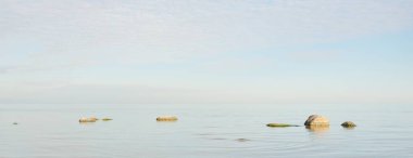 Güneşli bir günde Baltık Denizi kıyısı. Gökyüzü açık. Idyllic deniz manzarası. Doğa, tatiller, eğlence. Çevre turizmi. Panoramik görünüm