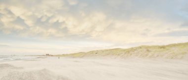 Gün batımında Baltık kıyısı. Kumsal, kum tepeleri, kum tepecikleri. Açık günbatımı gökyüzü, parlayan bulutlar. Idyllic manzara. Doğa, tatiller, eğlence. eko turizm