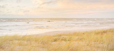 Baltık kıyıları (kum tepeleri) fırtınadan sonra gün batımında. Açık gökyüzü, parlayan bulutlar, rüzgar. Sonbahar manzarası. Doğa, çevre koruma, ekoloji, eko-turizm, yerel seyahat