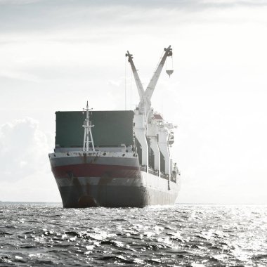 Geniş, modern bir yük vinci (142 metre uzunluğunda) açık denizde yol alır. Nakliye, deniz taşımacılığı, lojistik, küresel iletişim, ekonomi, iş, endüstri. Panoramik görünüm