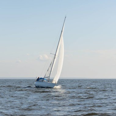 Açık denizde yelkenli yelkenli yelkenli. Gökyüzü açık, bulutlu. Yelkenlinin manzarası. Ulaşım, seyahat, spor, eğlence, boş zaman aktivitesi, yarış, yelkenli yarışı. Panorama, boşluğu kopyala