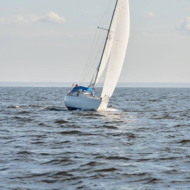 Açık denizde yelkenli yelkenli yelkenli. Gökyüzü açık, bulutlu. Yelkenlinin manzarası. Ulaşım, seyahat, spor, eğlence, boş zaman aktivitesi, yarış, yelkenli yarışı. Panorama, boşluğu kopyala