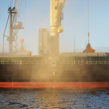Liman terminalinde vinçleri yükleyen büyük bir yük gemisi (179 metre uzunluğunda). Baltık Denizi. Nakliye, lojistik, küresel iletişim, ekonomi, ticaret, sanayi, arz
