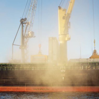 Liman terminalinde vinçleri yükleyen büyük bir yük gemisi (179 metre uzunluğunda). Baltık Denizi. Nakliye, lojistik, küresel iletişim, ekonomi, ticaret, sanayi, arz