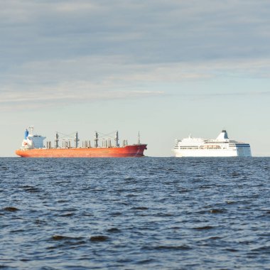 Büyük kırmızı bir yük gemisi (179 metre uzunluğunda) ve açık bir Baltık denizinde yelken açan beyaz yolcu gemisi (yolcu gemisi). Dramatik bir gökyüzü. Yük taşımacılığı, denizcilik gemisi, lojistik, turizm, yolcu gemisi