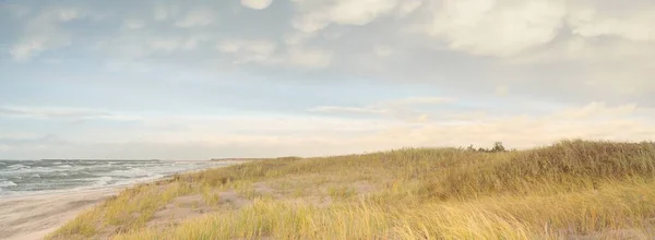Baltic sea shore at sunset. Beach, sand dunes, dune grass. Clear sunset sky, glowing clouds. Idyllic landscape. Nature, vacations, recreation. eco tourism