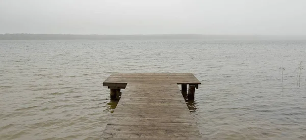 Forest River Lake Thick Fog Wooden Pier Gloomy Sky Rain — стоковое фото