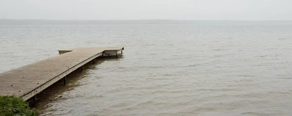 Forest River Lake Thick Fog Wooden Pier Gloomy Sky Rain — 스톡 사진