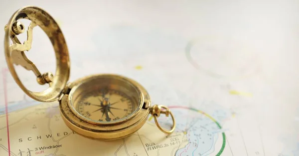 Retro Style Antique Golden Compass Sundial Old Nautical Chart Close — Stockfoto
