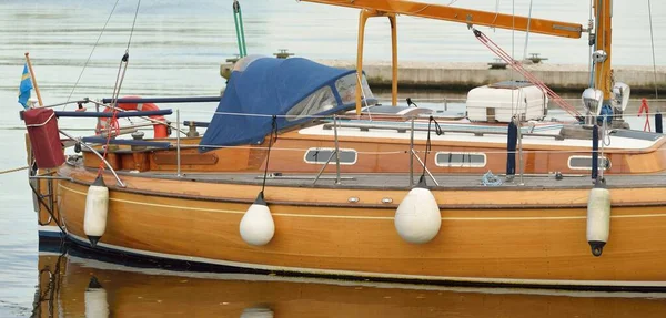 Modern Classic Wooden Swedish Cruising Sailboat Moored Pier Yacht Marina — Stock Photo, Image