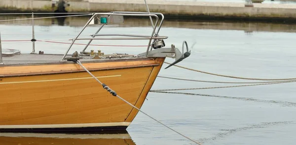 Modern Classic Wooden Swedish Cruising Sailboat Moored Pier Yacht Marina — Zdjęcie stockowe