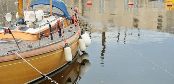 Modern Classic Wooden Swedish Cruising Sailboat Moored Pier Yacht Marina — Stock Fotó