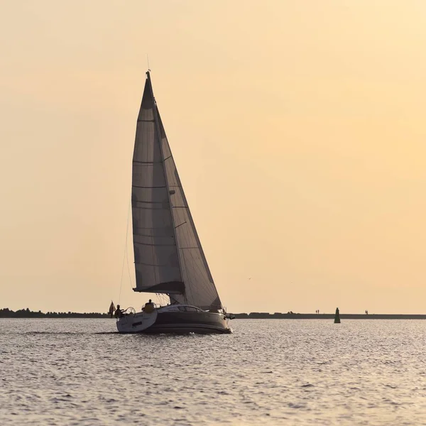 Sloop Branco Fraudado Iate Navegando Mar Báltico Pôr Sol Céu — Fotografia de Stock