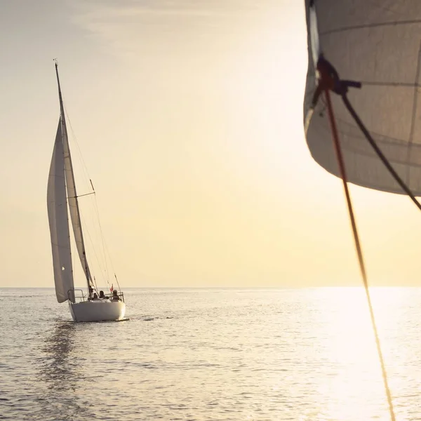 Balsa Blanca Yate Aparejado Navegando Mar Báltico Atardecer Cielo Despejado — Foto de Stock