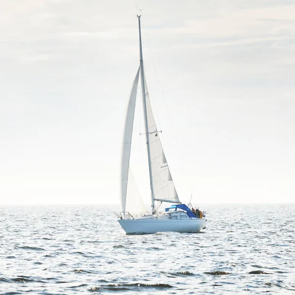 Sloop Bianco Yacht Truccato Vela Mare Aperto Cielo Limpido Paesaggio — Foto Stock