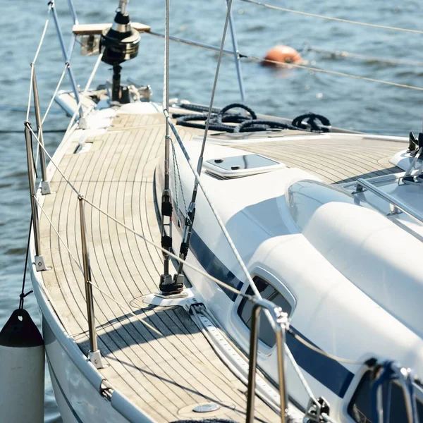 Modern Charter Yacht Moored Pier Marina Top View Wooden Teak — Stock Photo, Image