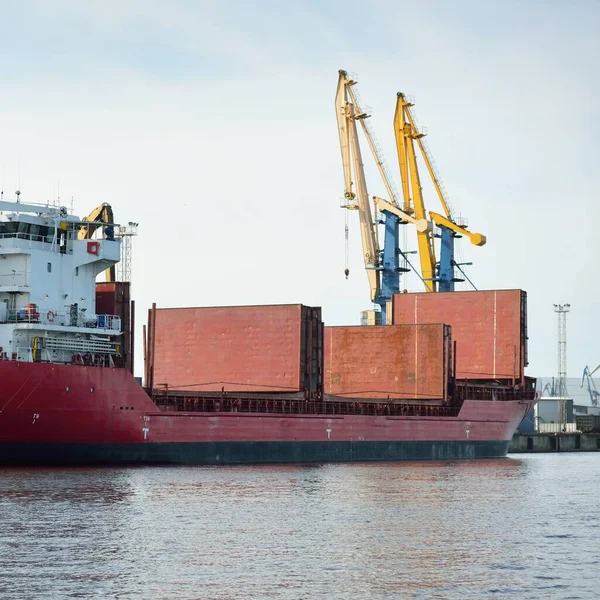 Duży Statek Towarowy Załadunek Terminalu Portowym Dźwigi Tle Transport Towarowy — Zdjęcie stockowe