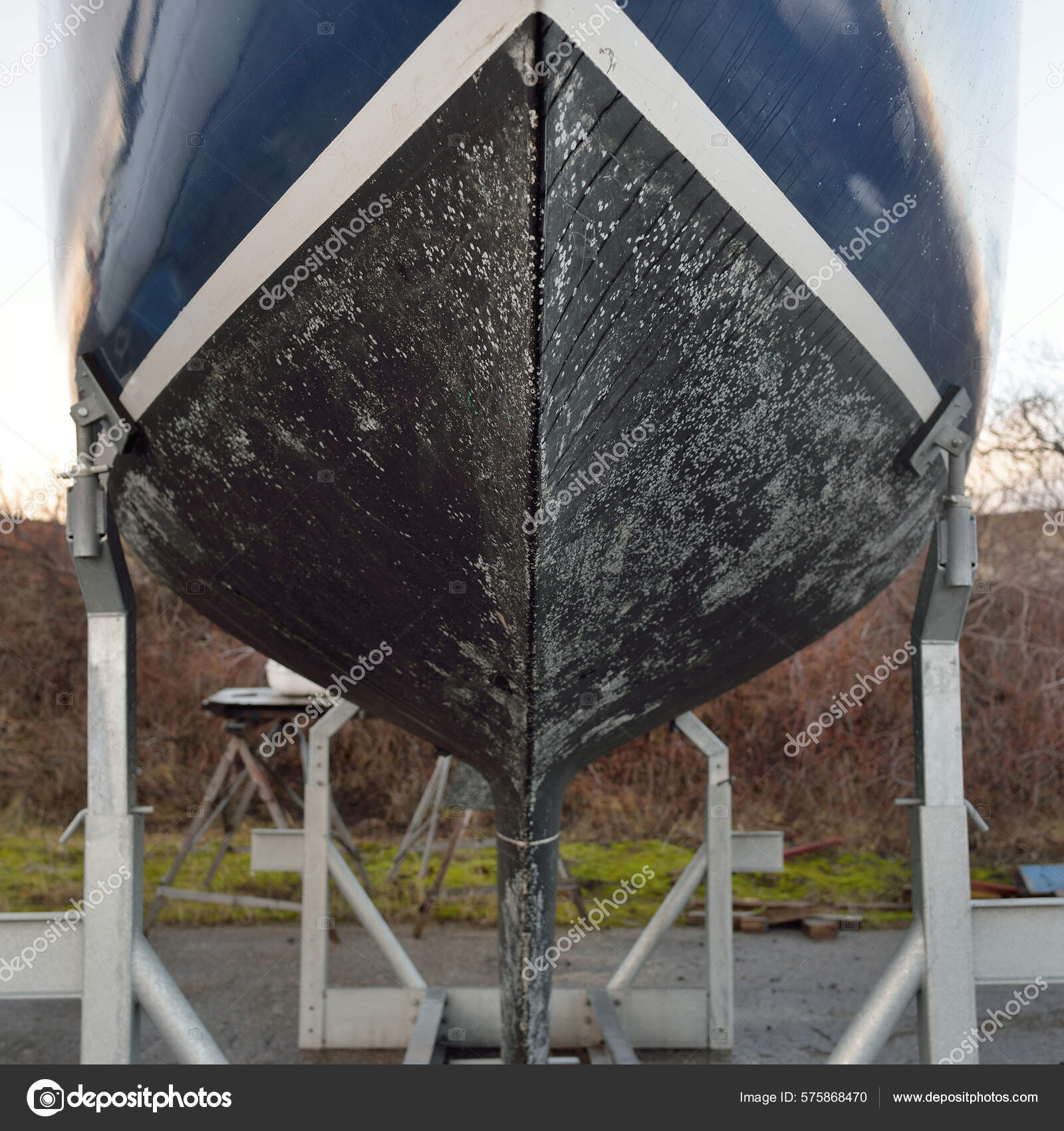 Blue Sloop Rigged Sailboat Standing Land Yacht Club Service Repair