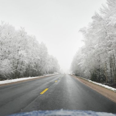 Karla kaplı ormanda boş otoyol (asfalt yol). Kanada mı? Doğa, Noel tatilleri, uzak yerler, kış lastikleri, tehlikeli sürüş konsepti