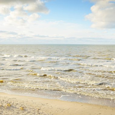 Kumlu bir sahilden (kum tepeleri) Baltık denizinin panoramik görüntüsü. Parlayan bulutlarla, dalgalarla ve su sıçramalarıyla berrak bir gökyüzü. Idyllic deniz manzarası. Sıcak kış havası, iklim değişikliği, doğa