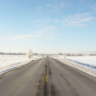 Karla kaplı orman ve kırsal alanda boş otoyol (asfalt yol). Kar sürükleniyor. Avrupa. Doğa, Noel tatilleri, uzak yerler, kış lastikleri, tehlikeli sürüş konsepti