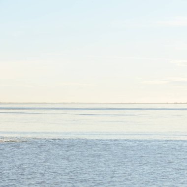 Gün batımında mavi orman gölü (nehir) panoramik hava manzarası. Yumuşak güneş ışığı, berrak gökyüzü, suya yansıyan yansımalar. Baharın başında. İdealist pastoral manzara. Doğa, çevre, ekoloji, eko-turizm