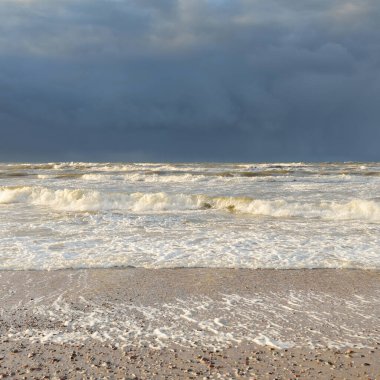 Fırtınadan sonra Baltık kıyıları (kum tepeleri, plaj). Dramatik gökyüzü, parlayan bulutlar. Resimli panoramik manzara. Doğa, çevre, ekoloji, eko-turizm, yürüyüş, keşif kavramları