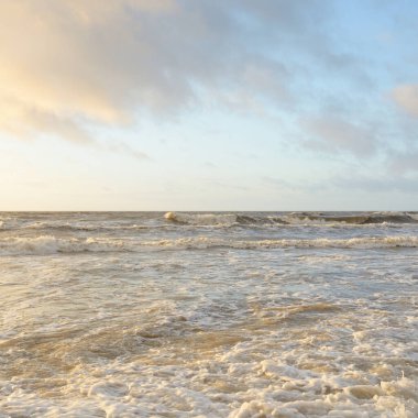 Gün batımında Baltık Denizi. Dramatik gökyüzü, mavi ve pembe parlayan bulutlar, altın güneş ışığı. Dalgalar, su sıçratma. Resimli manzara, deniz manzarası, doğa. Panoramik görünüm,