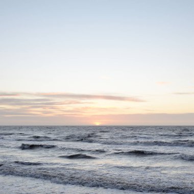 Gün batımında Baltık Denizi. Dramatik gökyüzü, mavi ve pembe parlayan bulutlar, altın güneş ışığı. Dalgalar, su sıçratma. Resimli manzara, deniz manzarası, doğa. Panoramik görünüm,